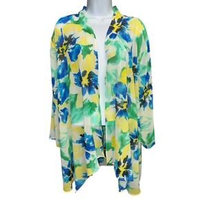 Travel Elements 3X Open Cover-Up Top Green Blue Yellow Floral Fancy Sheer Kimono